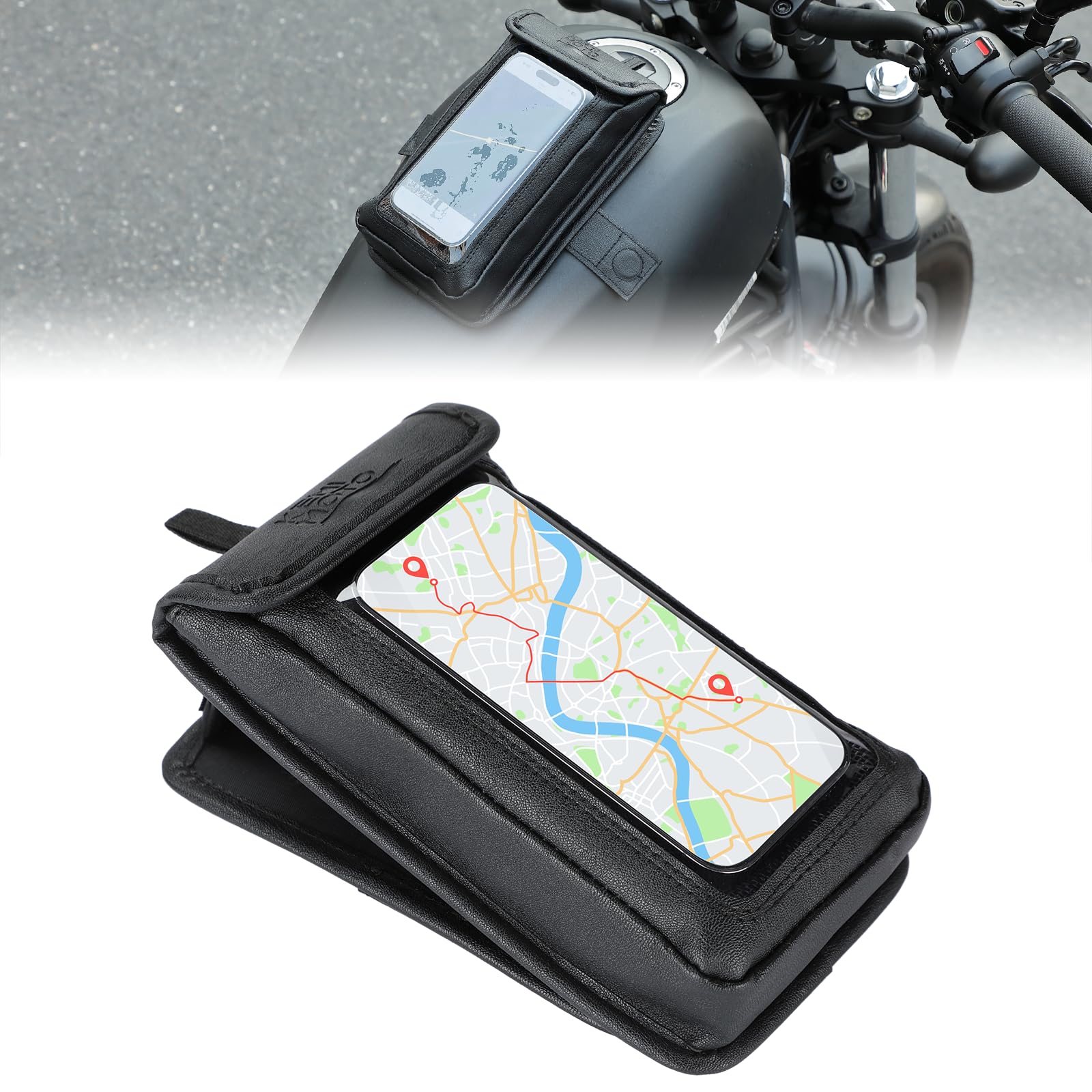

KEMIMOTO Motorcycle Tank Tilt Reduces Sunlight Reflection Prevents Smartphone Touchscreen Phone Card Universal for Iron Motorcycle Black Bag, Leather,