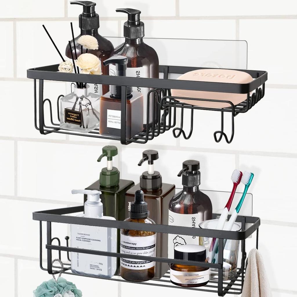 2 Pack Adhesive Shower Caddy Shelf with 14 Hooks, Stainless Steel Shower Organizer with Soap Holder,No Drilling Shower Rack Shower