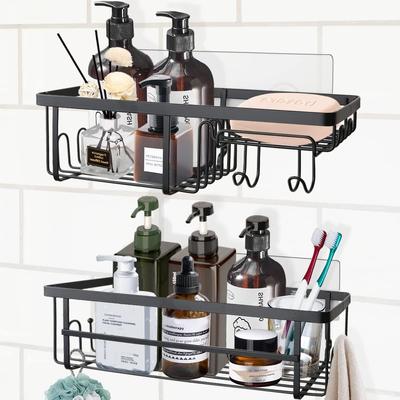 Lot de 2 étagères de douche adhésives avec 14 crochets, organisateur de douche en acier inoxydable avec porte-savon, support de douche sans perçage