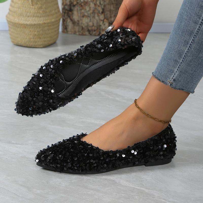 Fashion Bling Flat with Pumps Glossy Crystal Pointed Toe Shallow Slip-On Genuine Leather Fashion Elegant Concise Women Shoes 2024 Newest