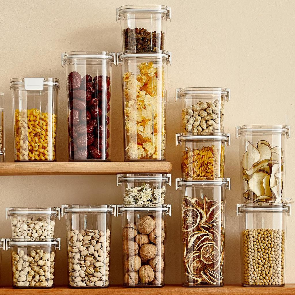 Single-Button Vacuum-Sealed Transparent Storage Jar - Square Plastic Container for Snacks and Grains
