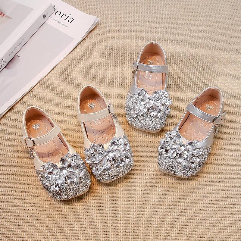 2024 Children Leather Shoes for Girls Autumn New Fashion Soft Comfortable Princess Rhinestone Chic Anti-slippery Dress Shoes