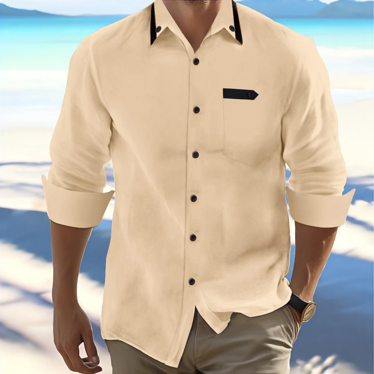 

European and American Cross-border Spring and Autumn New Men s Retro Cotton and Linen Casual Loose, Long-sleeved Shirt S хаки