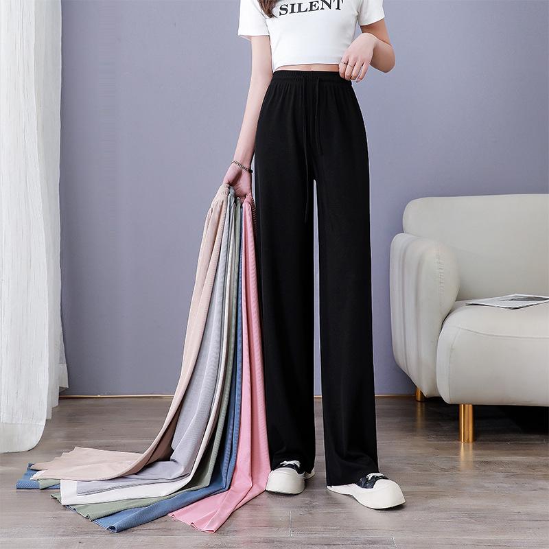 Pantaloni Larghi Estivi da Donna a Vita Alta in Seta Ghiacciata - Modellanti, Drappeggiati, Casual da Studentessa, Vestibilità Larga, Gamba Dritta Stretta.