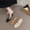 Fashion Fashion Woven Lazy Cutout Front Lace-Up Mary Jane Shoes Feminine Square Toe Flat Shallow Mouth Soft Slip Single
