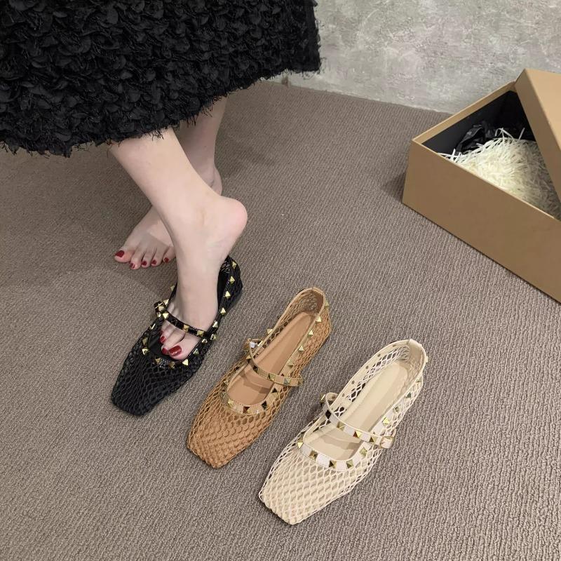 Fashion Fashion Woven Lazy Cutout Front Lace-Up Mary Jane Shoes Feminine Square Toe Flat Shallow Mouth Soft Slip Single
