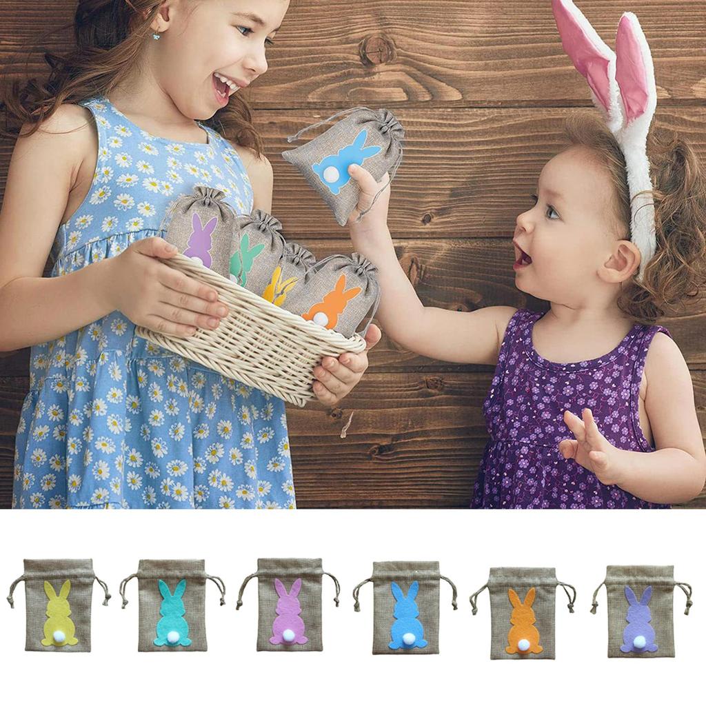 Easter Bunny with Tail Drawstring Gift Bag Line Cloth Storage Pouches Supplies for Children Day Food Cookie Package