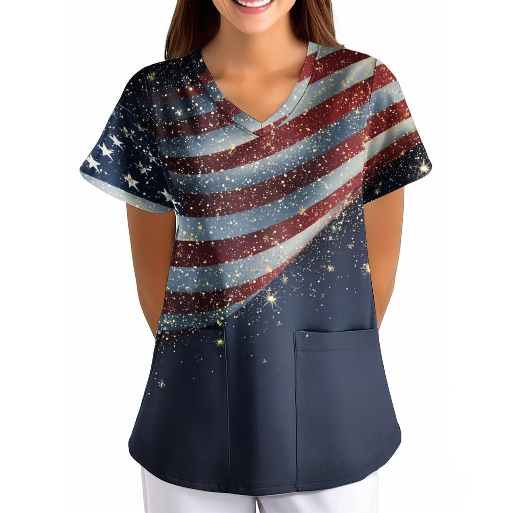 Women's Independence Day Printed Loose V-Neck Pocket Short-Sleeve Caregiver/Uniform