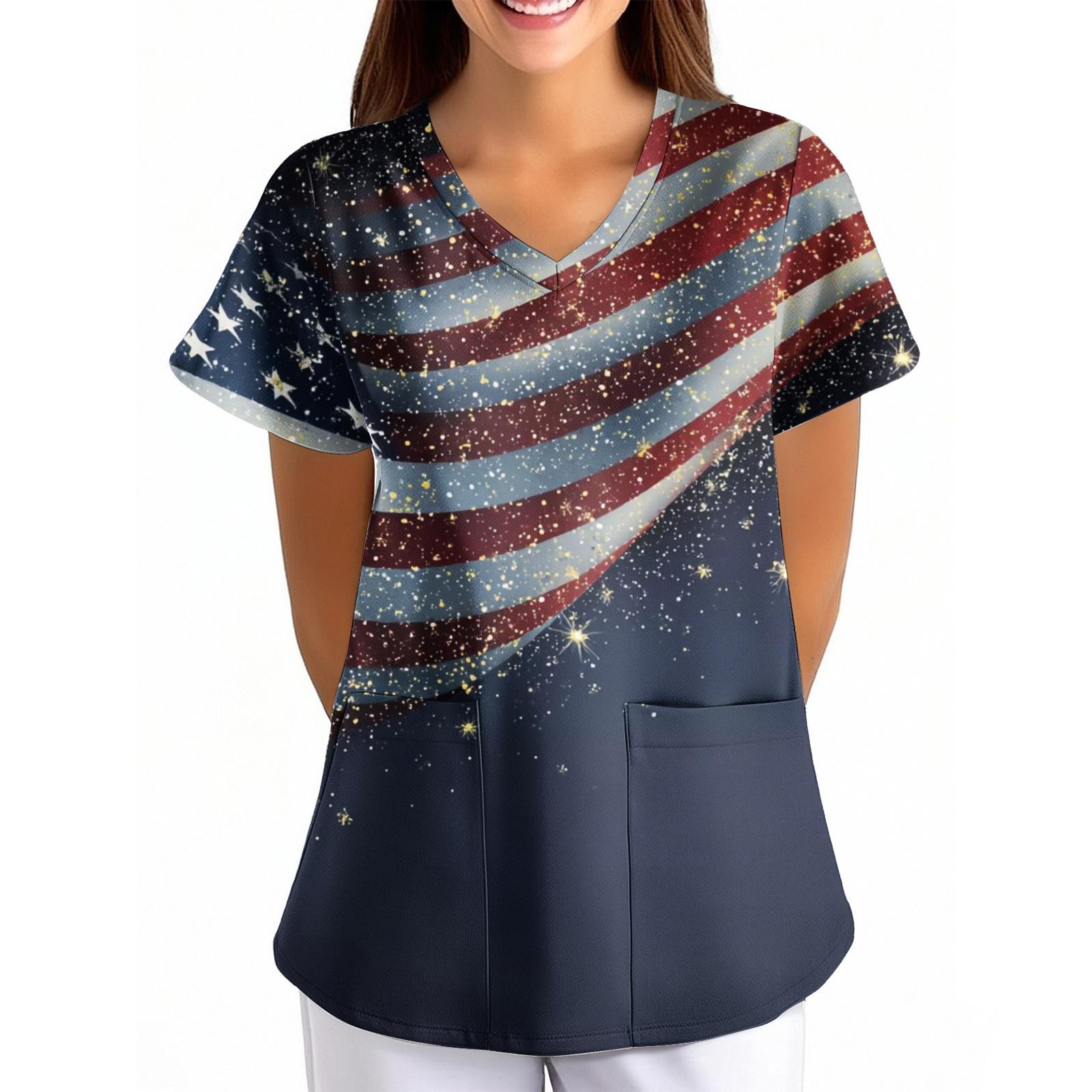 

Women’s Short Sleeve V Neck T Shirt American Flag Rose Butterfly Print Casual Loose Fit Summer Top Blouse L синий