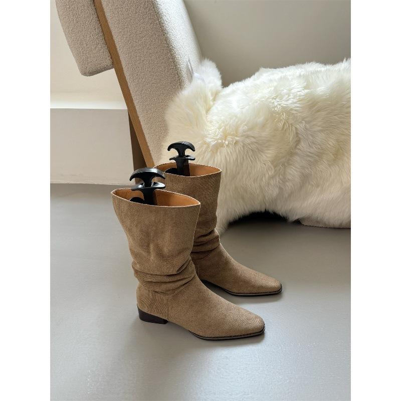 Coarse Heel Khaki Suede Medium Tube Stacking Boots Women's Shoes 2025 New Thin Boots Spring and Autumn Single Boots French Short Boots