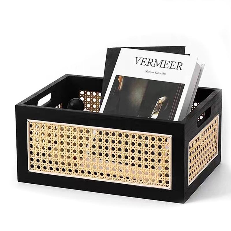 Solid Wood Storage Box Retro Desktop Imitate Rattan Basket Book Snacks Sundries Cosmetics Organizer Boxes Home Decor Basket