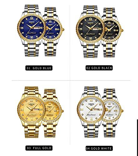 Popular couple's watches, matching sets for men and women, featuring diamonds, gold, and classic stainless steel, making them a perfect wedding gift.