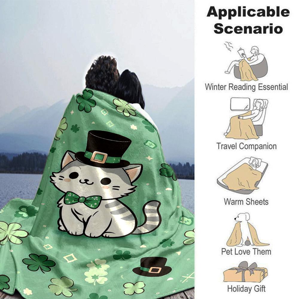 1pc cat shamrock blanket Lightweight Flannel Throw for Sofa Bed Travel Camping Livingroom Office Couch Chair