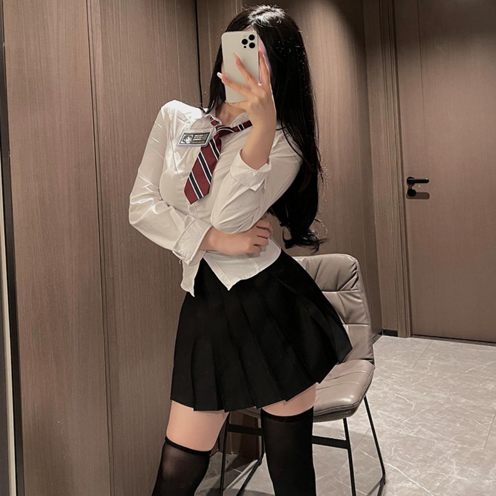 JK Uniform Pure Desire Spice Girl Waist Short Sleeve Women's Japanese College Style Long Sleeve White Shirt Short Skirt Sex Underwear