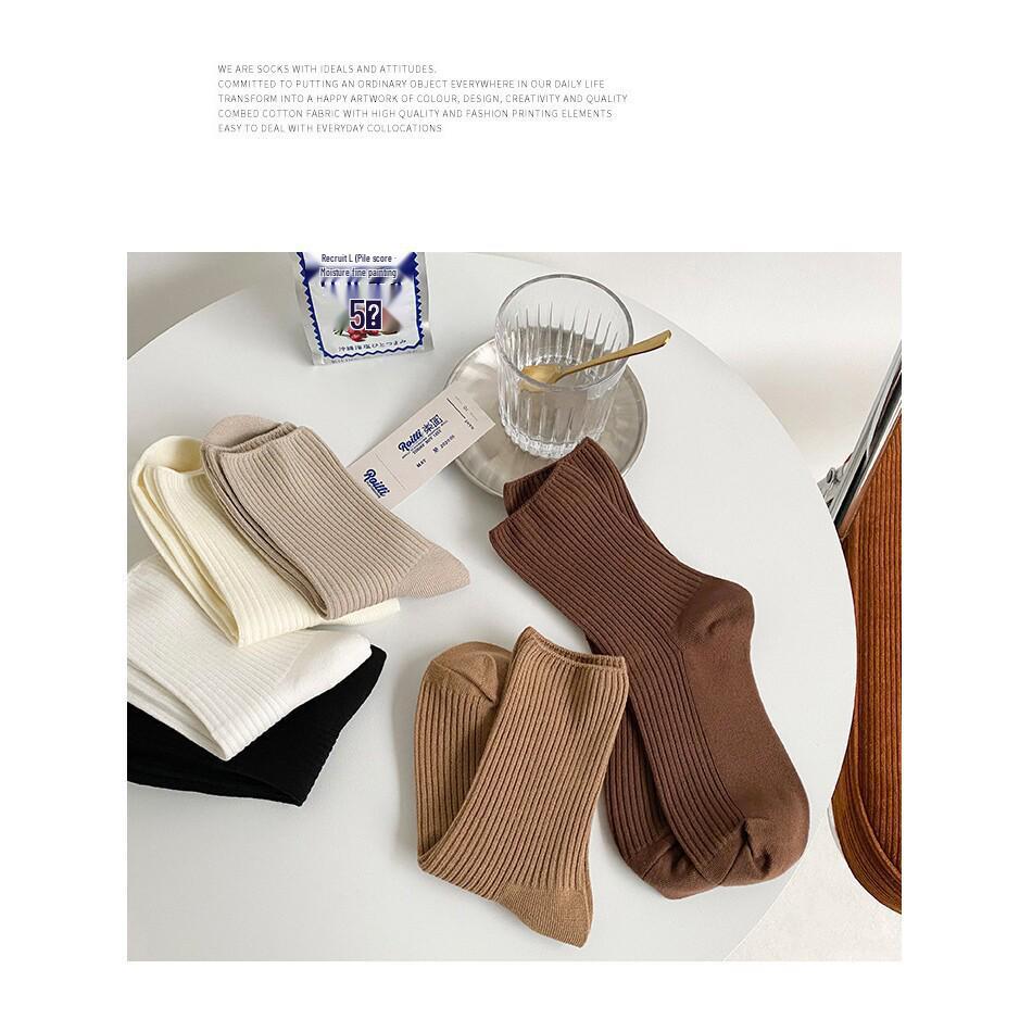 Women's Japanese Style Mid-Calf Cotton Socks - Plain Colors, Vertical Stripes, Seamless, Breathable, Versatile for Spring and Autumn