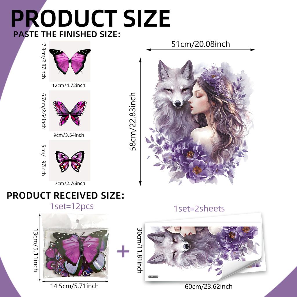 3D Wolf Wandsticker Schmetterling Blumen Fee Wandkunst Aufkleber für Mädchen Schlafzimmer Baby Kinderzimmer Dekor