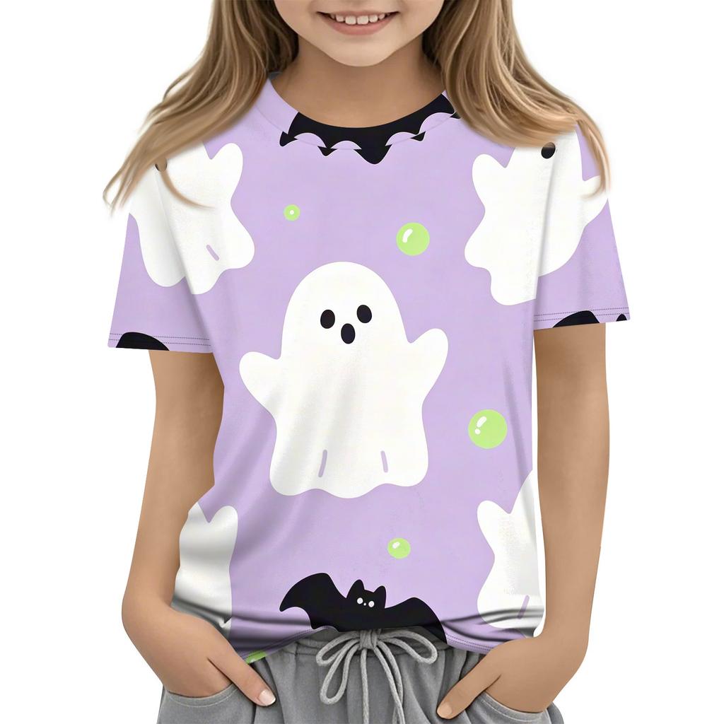 Kids Halloween Print Short Sleeve T Shirt Casual Crew Neck Top Boys Girls Comfortable Fit Soft Fabric Suitable for Everyday Wear