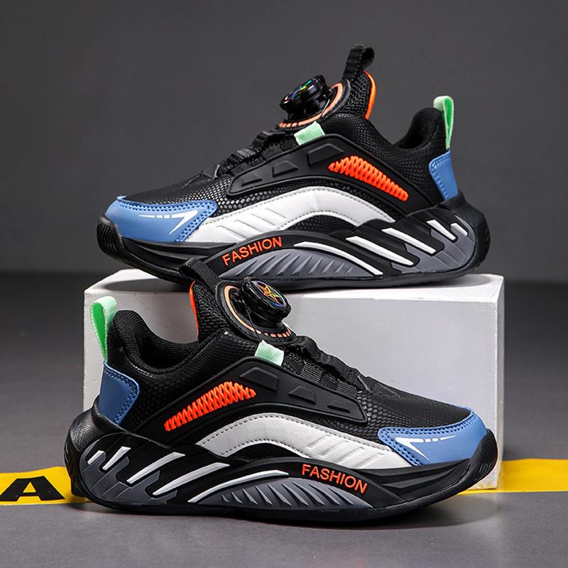 24 Autumn and Winter Classmates, Boys' Sports Shoes, Rotating Buckle, Fleece, Wear-resistant Leather Surface, Lightweight, Medium and Older 