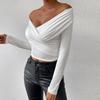 2024 European & American Autumn/Winter Women's Sexy Deep V Long Sleeve Pleated Off-Shoulder Top