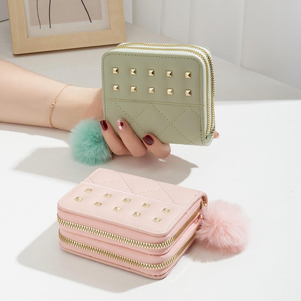 

Double Zipper Woman Clutch Wallet Soft Plush Ball Square Card Bag Causal Women Long Purse Daily Pink Short