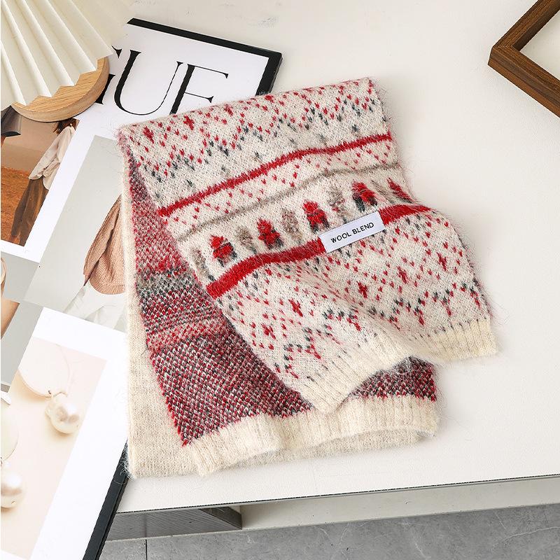 Женский жаккардовый вязаный шерстяной шарф Fair Isle - Зима 2025 Теплый универсальный рождественский снуд 135-175 CM