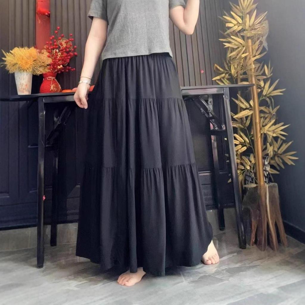 Women's Floral Print Cotton-Silk Elastic Waist Skirt - Southeast Asian Style for Spring and Summer