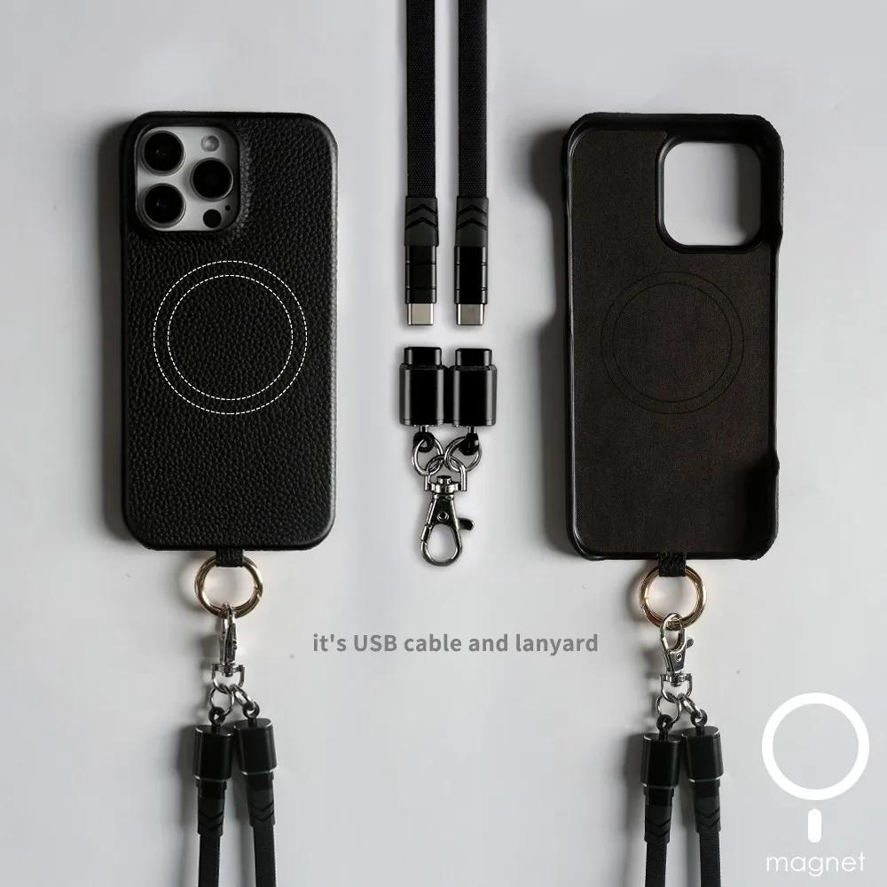 

Чохол для телефону з натуральної шкіри з можливістю налаштування та шнурком для заряджання для чохлів iPhone 16 Pro Max 15 14 13 12 11 Магнітна кришка Fundas For iPhone 13 Mini&Genuine leather