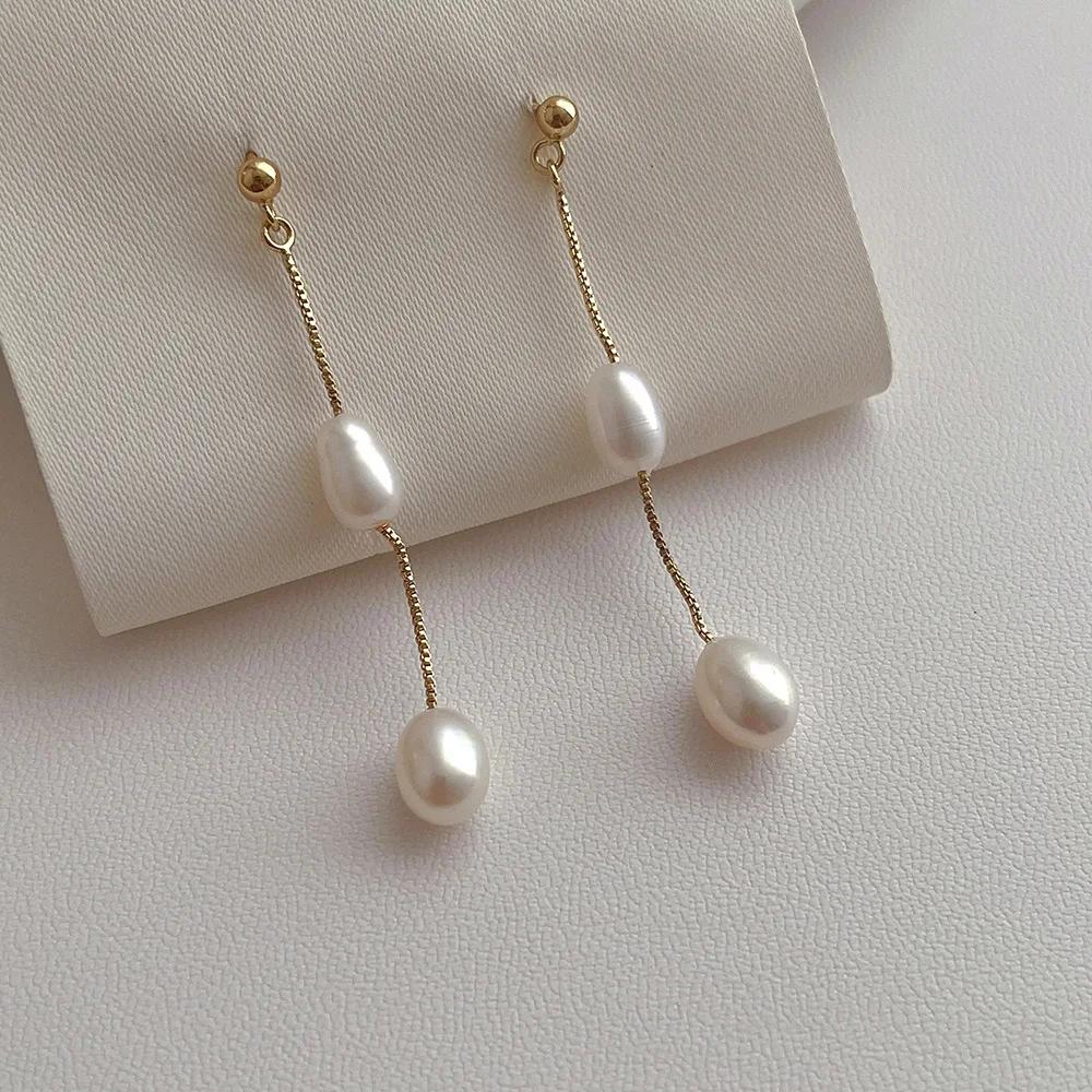 14K Gold Plated Brass Baroque Freshwater Pearl Long Chain Tassel Dangle Earrings For Women