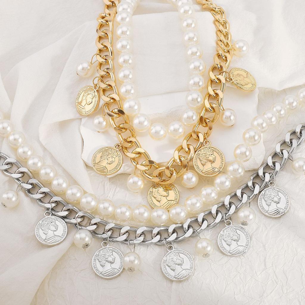 Tooxika Vintage Portrait Coin Queen Cameo Pendant Tassel Double Layer Pearls Collarbone Chain