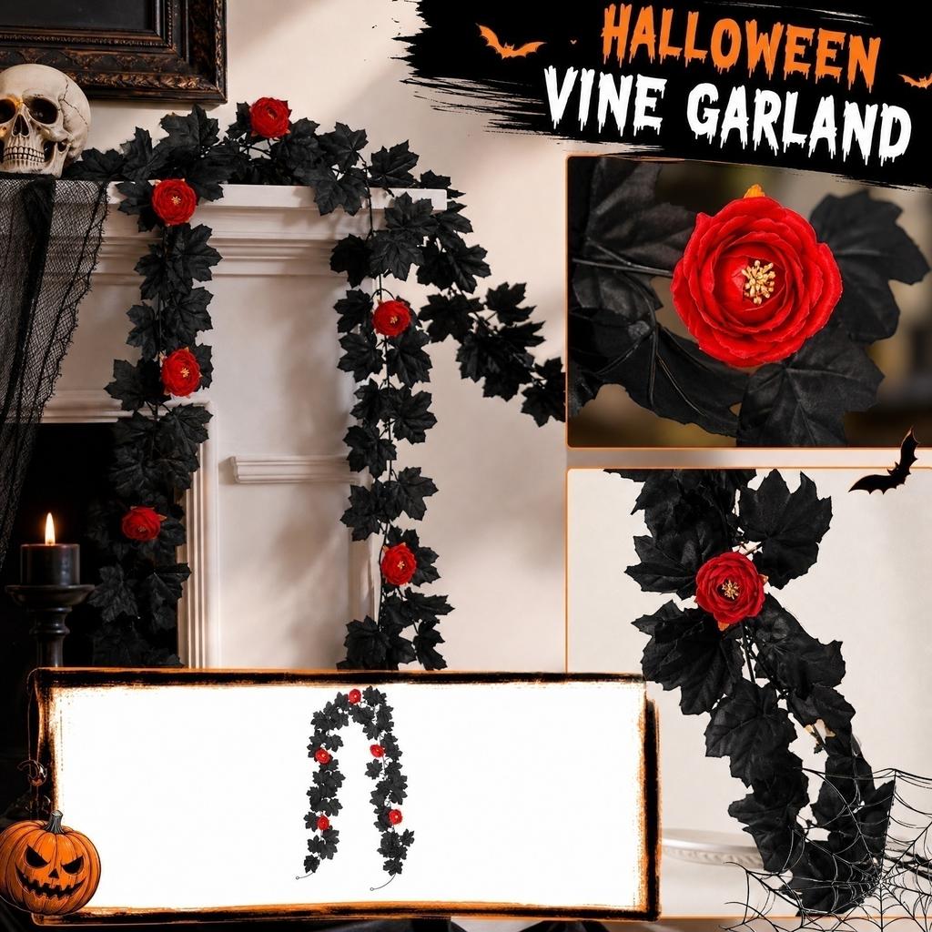 Artificial Maple Leaf Garland 200cm Long Halloween Decoration with Fabric Flowers for Indoor Outdoor Use Seasonal Party Decor