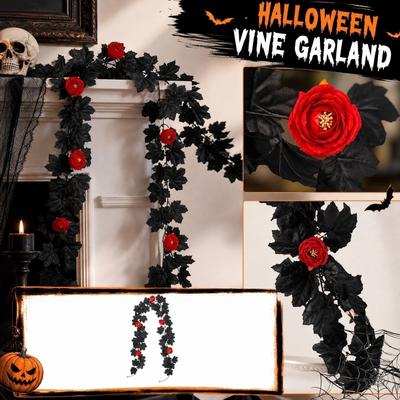 Artificial Maple Leaf Garland 200cm Long Halloween Decoration with Fabric Flowers for Indoor Outdoor Use Seasonal Party Decor