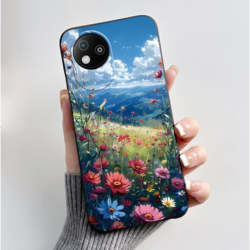 For ZTE Blade A35 Lite/A35 Core Jelly Soft Black Cover Romantic Scenery Pattern Coconut Tree Wildflower Sunflower Casing