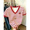 Youthful Age-Reducing Red And White Striped V-Neck T-Shirt, Women'S Contrast Trim Fake Cherry Print Design