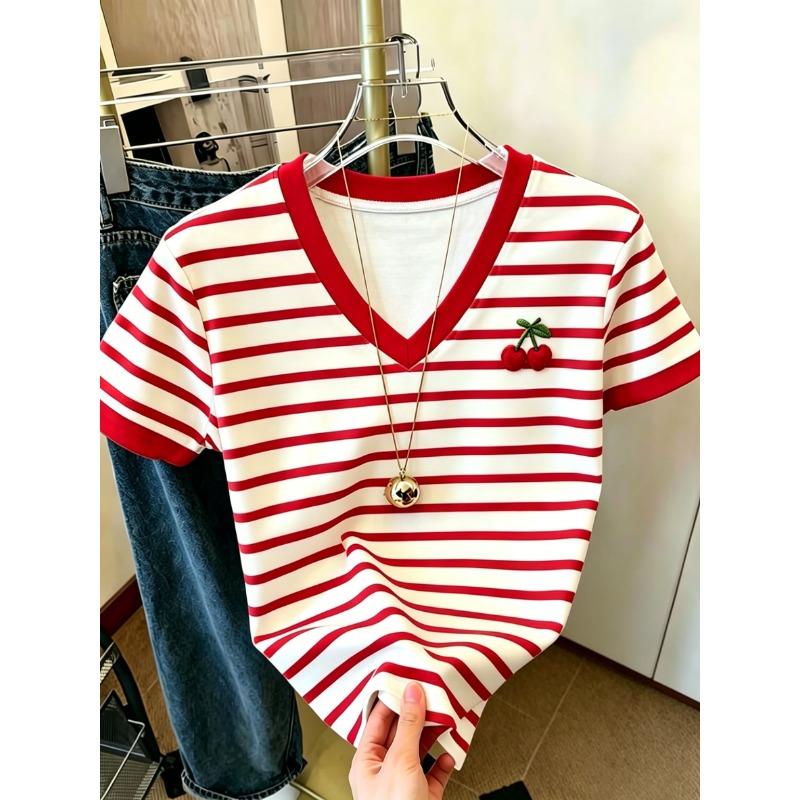 Youthful Age-Reducing Red And White Striped V-Neck T-Shirt, Women'S Contrast Trim Fake Cherry Print Design