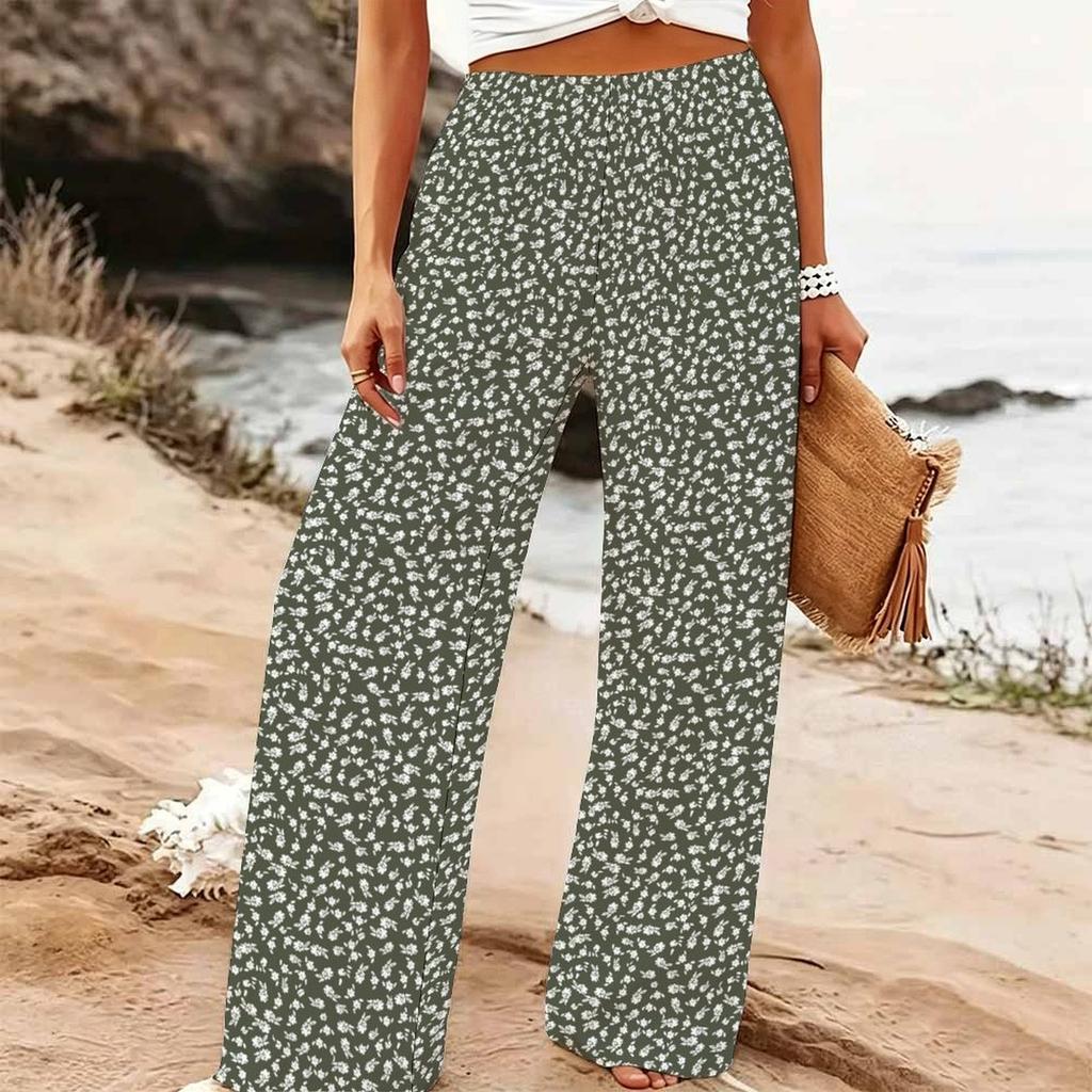 Women's Summer Beach Wide Leg Trousers Floral Print Elastic High Waist Loose Fit Casual Vacation Palazzo Pants