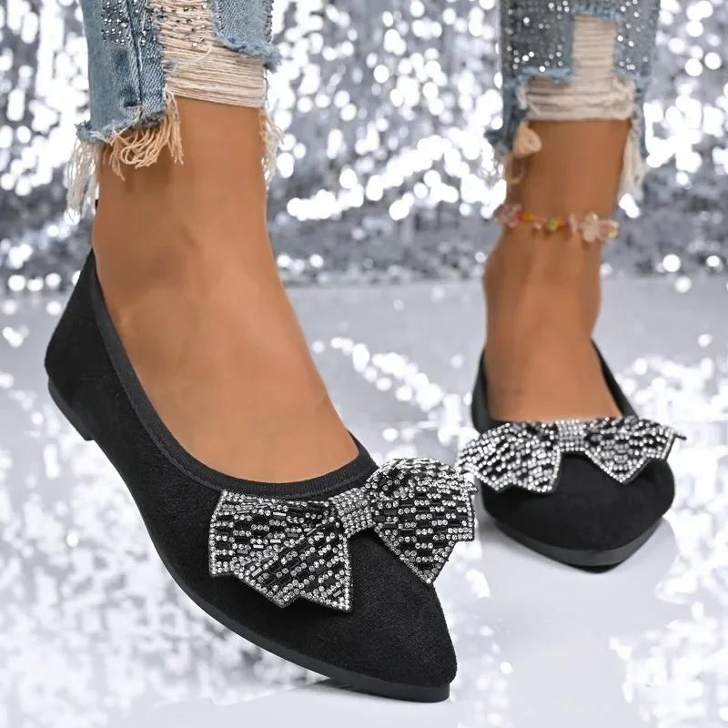 Fashion 2025 New Slip On Pointed Toe Women's Flat Shoes Outdoor Crystal Bow Tie Shallow Flats Plus Size Comfortable Casual Walking Shoes