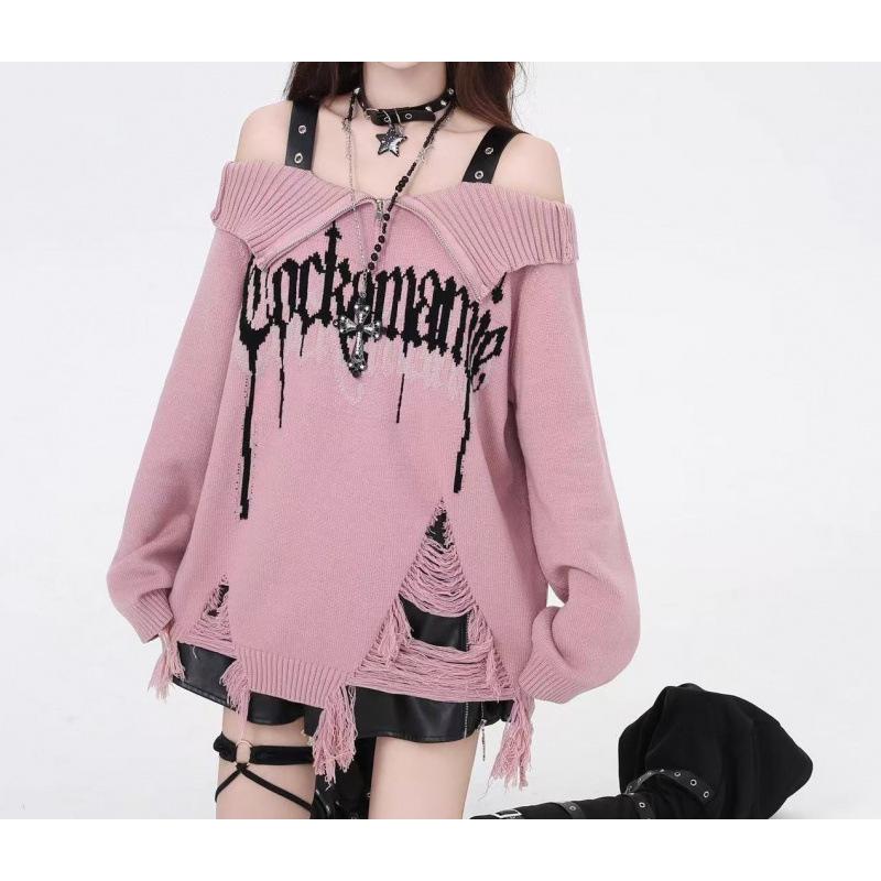 Korean Style Punk Off-Shoulder Ripped Sweater - Women's Autumn/Winter Knitted Top