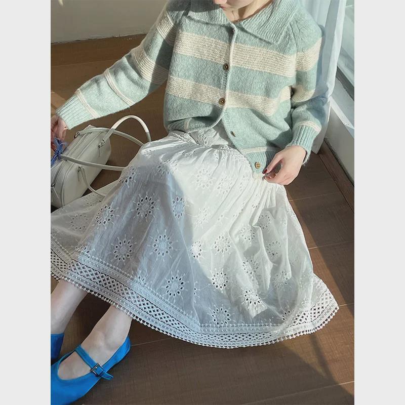 "Little Fresh" Solid Color Lace Hollow Cotton Umbrella Skirt - Women’s White Skirt