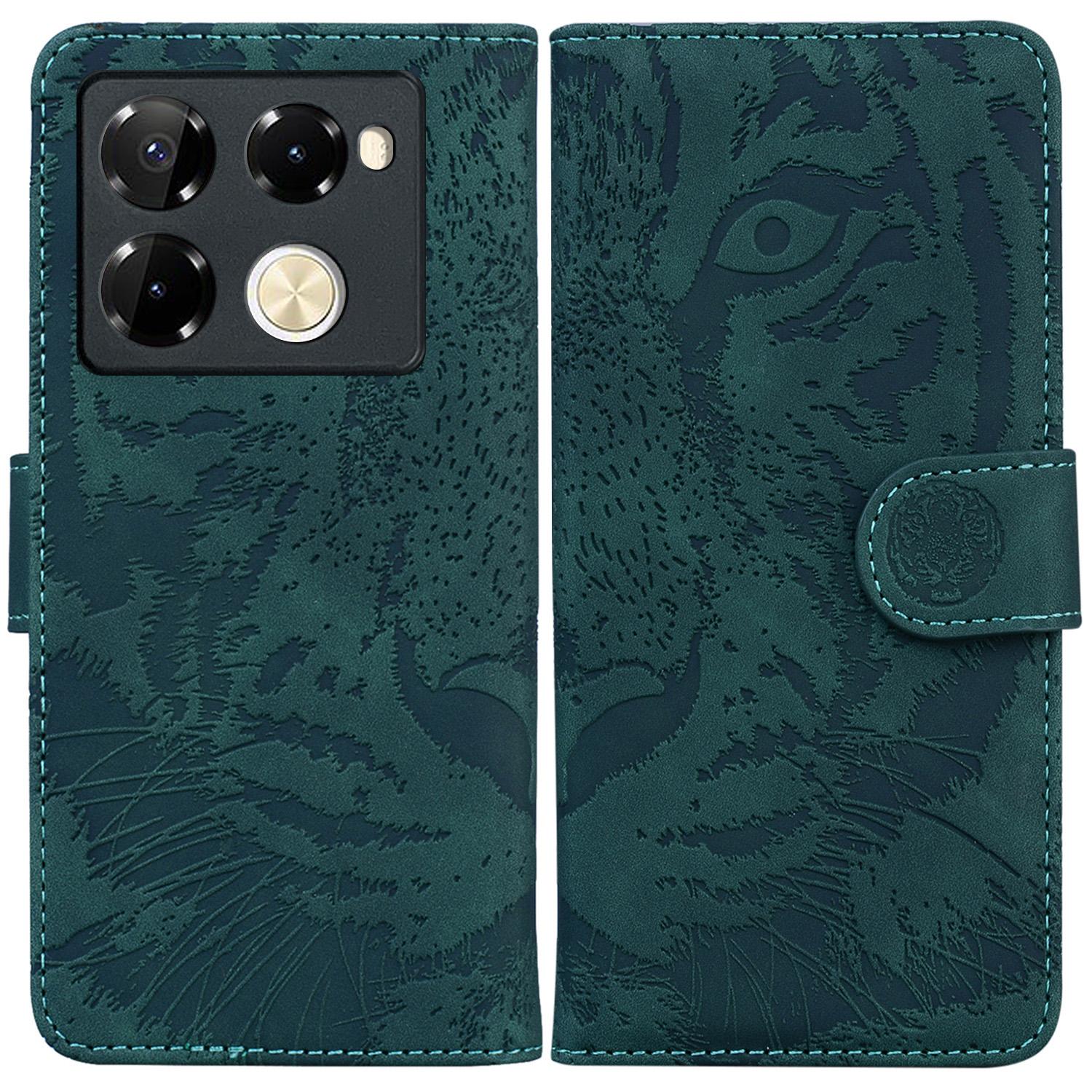 

For Infinix Note 40 Pro+/Note 40 Pro 5G Phone Case Tiger Imprint Flip Stand Leather Cover Green