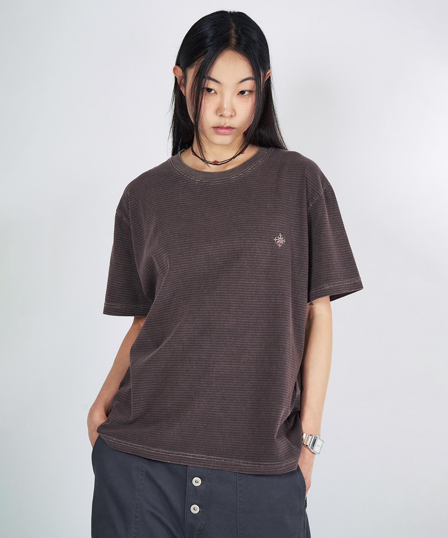 Slow Acid Pigment Stripe Basic Short Sleeve T-Shirt [Red] Red/M