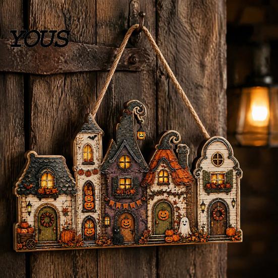 Autumnal Porch Decoration 2D Wooden Halloween Door Hanger Sign, Pumpkin Ghost Vintage Town Building Welcome Front Seasonal Wall Plaque with