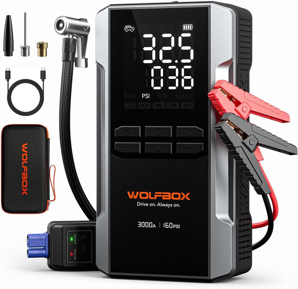 4000A Jump Starter with 160PSI Air Compressor, 12V Battery Booster, 65W Fast Charge, 24000mAh Portable Inflator, LED Display for
