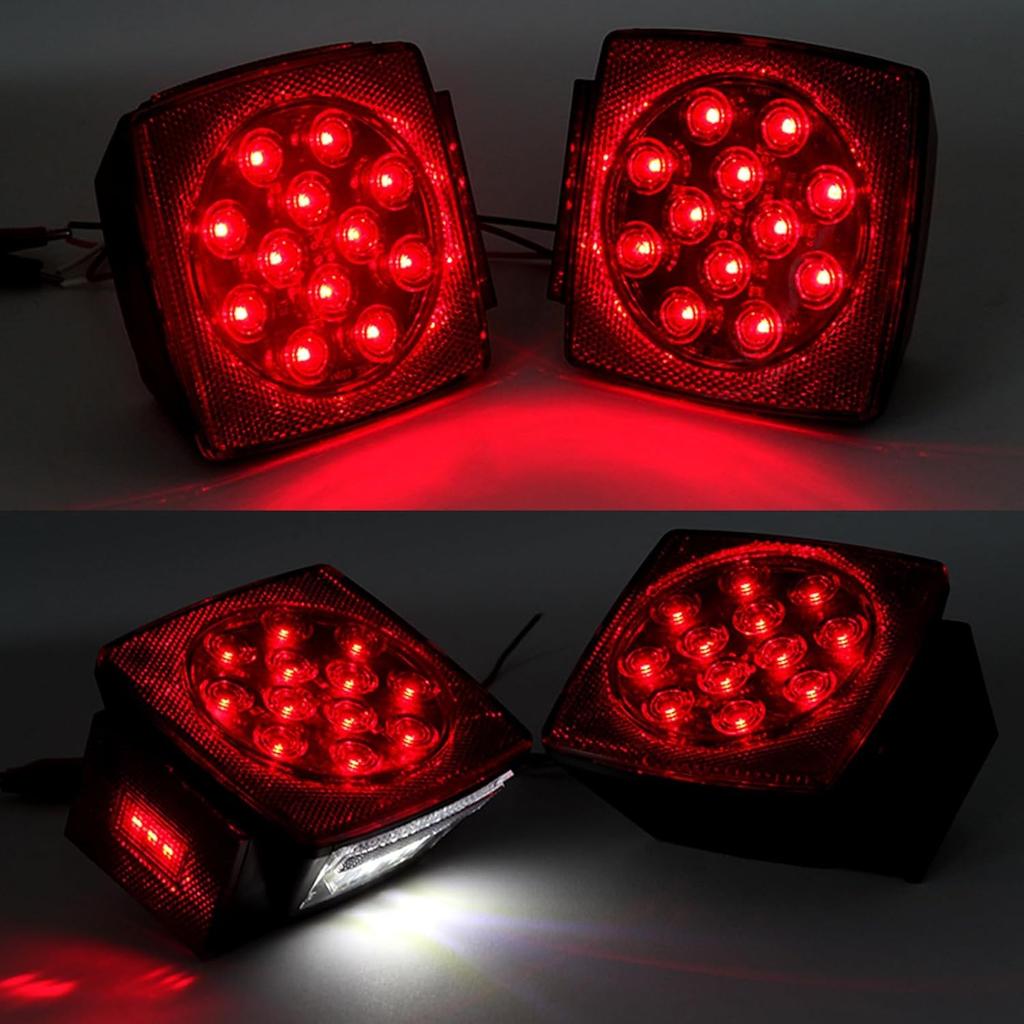 2Pcs Square Red Led Rear Combination Tail Lights Brake Stop Turn Tail Red Lens