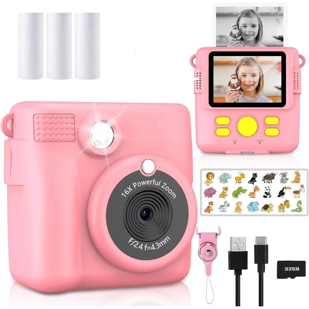 1080P HD Video Kamera Taşınabilir Anında Baskı Kamera Çocuklar İçin 3 Rulo Fotoğraf Kağıdı ve 32GB Kart ile Mükemmel Oyuncak Küçük Çocuklar