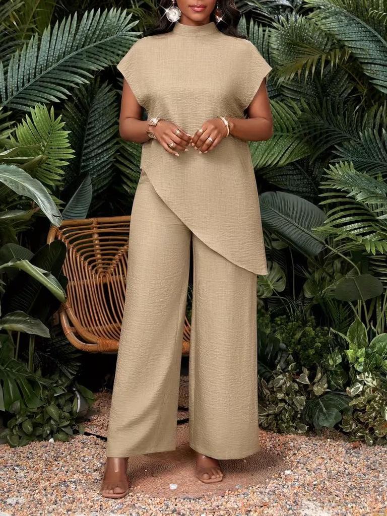 Women's Casual Asymmetrical Hem Two-Piece Set: Solid Color Top and Pants