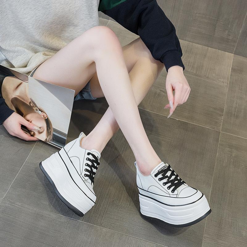 Modne 12CM Czarne Modne Buty Kobiety Wysokie Trampki Kobiety Platforma Botki Do Kostki Koszyk Femme Buty Damskie Buty Podwyższające