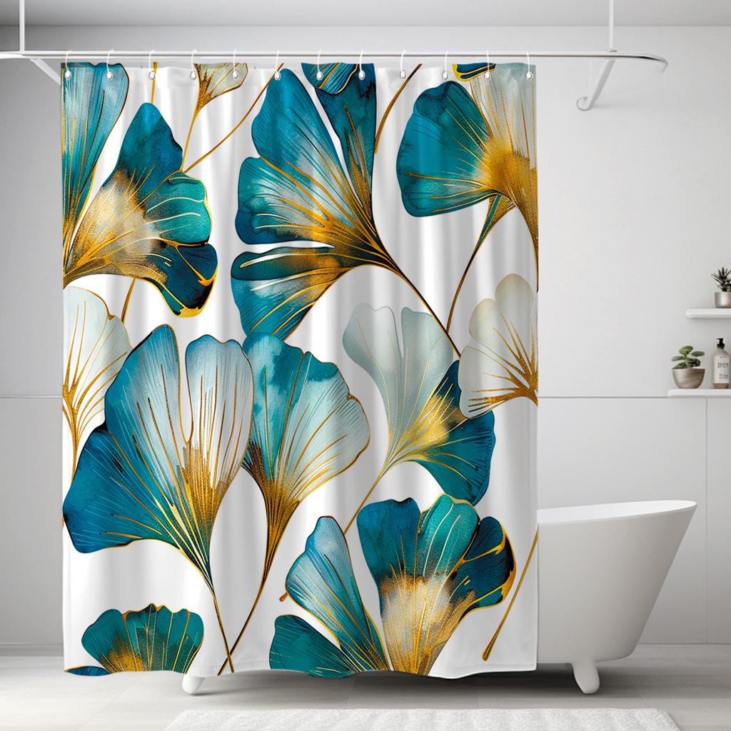 1pc Ginkgo Biloba Shower Curtain - Blue & Gold Design, Moisture-Resistant Polyester, 71x71", 12 Hooks, Easy To Clean