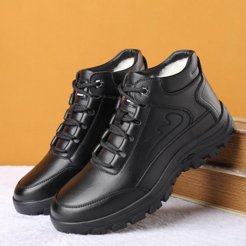 Fashion NEW Genuine Leather Cotton Shoes Men's Winter Plush Warm Leather Shoes Thickened Wool Anti-skid Leisure Trend High Top Shoes Men