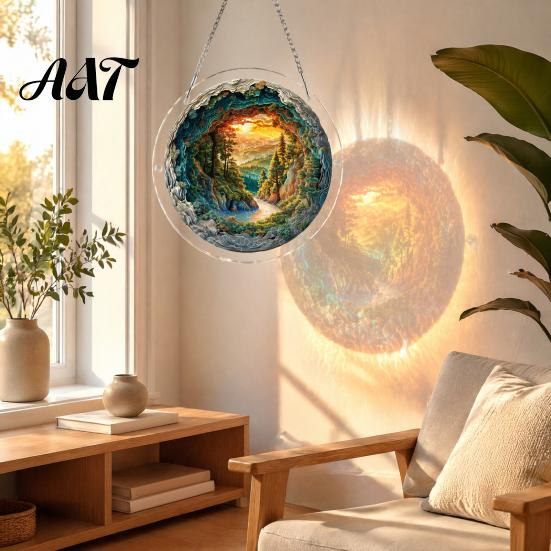 Transparent Acrylic Decor 7.48 Inch Circular DIY Puzzle Suncatcher, Stained Glass Style Window Hanging Ornament, Adult Gift Waterproof Pendant