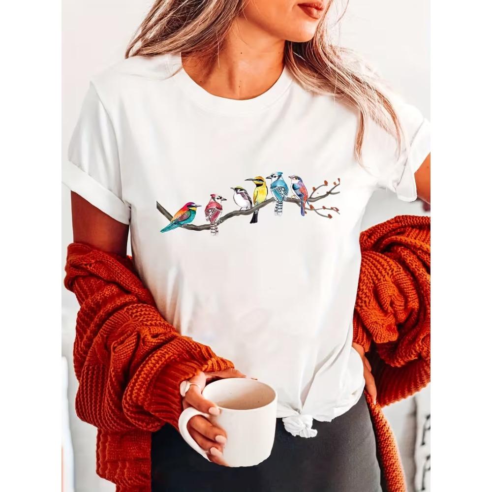 Lebendiges Vogelmotiv Rundhals Kurzarm Freizeit Baumwolle Grafik-T-Shirt mit Natur-inspiriertem Design für Vogelbeobachter